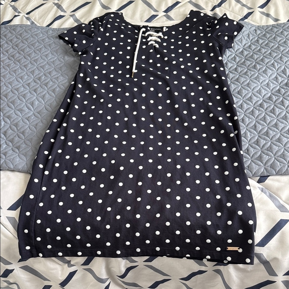 Tommy Hilfiger Black and White Polka Dot Lace-Up Dress